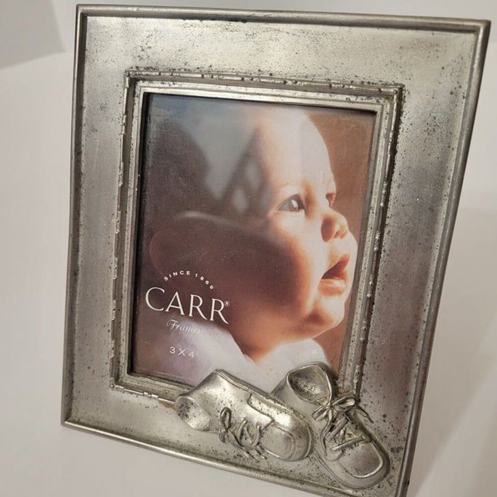 1997 Pewter Carr Frames for 3"x 4" Photo Easel Back Embossed Trim & Baby Shoes